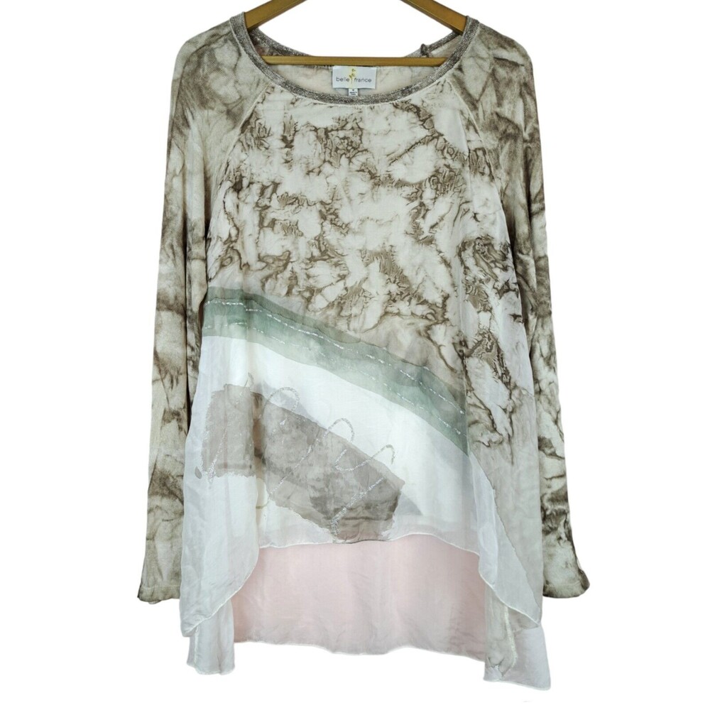 Belle France Tye dye Silk Blend Tunic Sparkle Long Sleeve Layered Sz S Italy